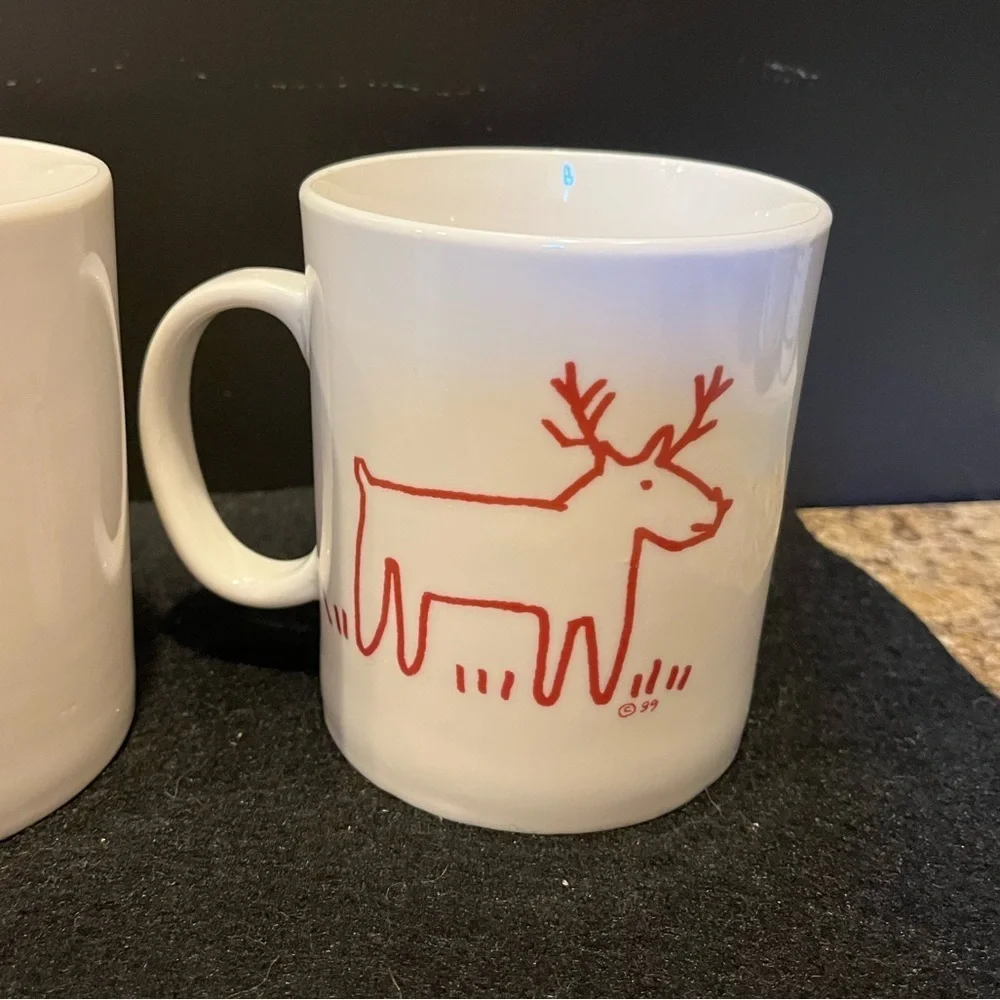 Crate&Barrel Christmas Tree and Reindeer Holiday Mug Set by Trish Richman 16 oz.